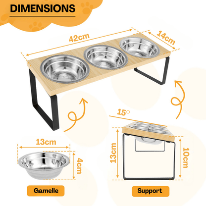 Gamelle pour chat triple bol inox 13cm support 42 x 14 cm hauteur 13 cm incliné 15 degrés - Doux-Festin™
