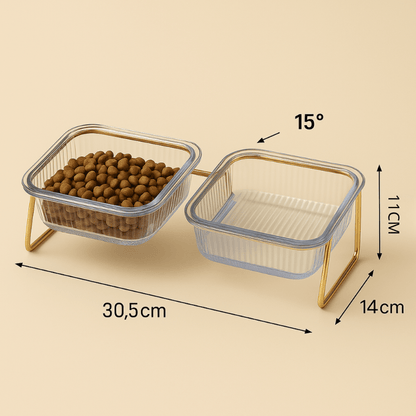 Gamelle pour chat double surélevée inclinée carrée avec dimensions 30,5 x 14 x 11cm - Golden-Cat™