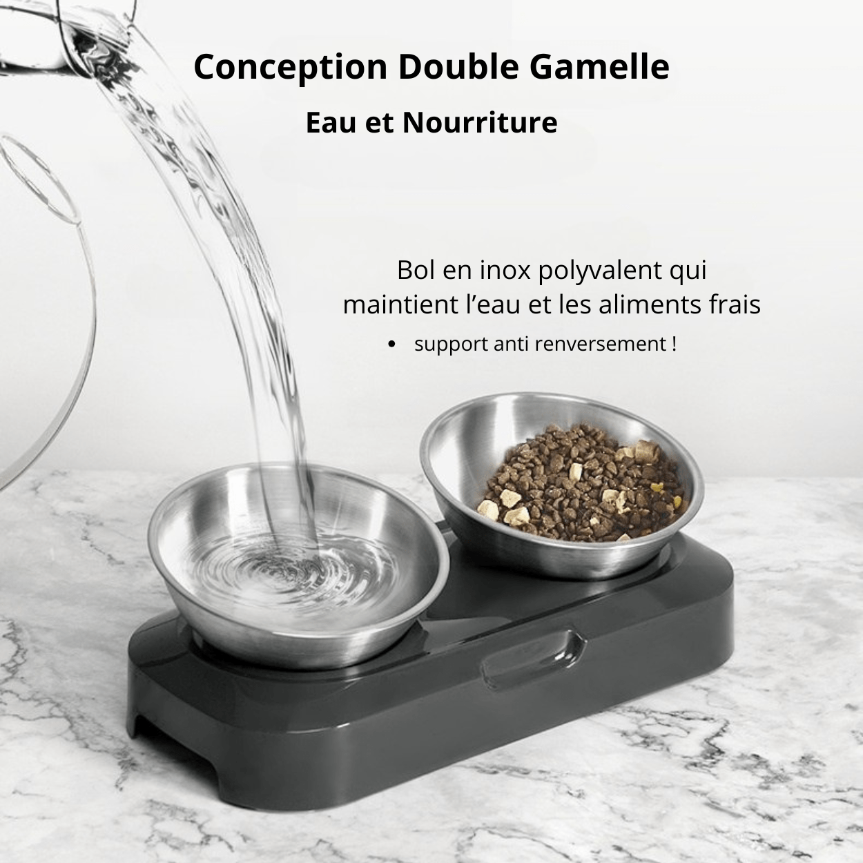Gamelle pour chat réglable double bol inox repas eau et croquettes - Goûter-Griffe™