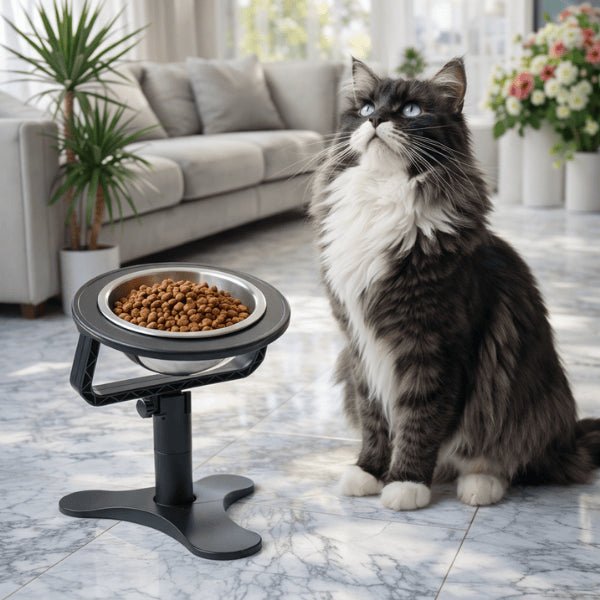 Gamelle surélevée maine coon croquettes hauteur réglable inclinaison repas confort AjustBowl™