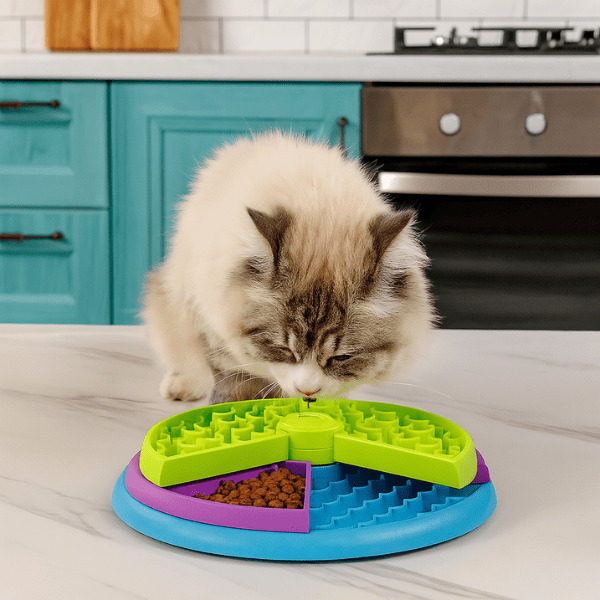 Chat blanc utilisant gamelles anti glouton chat AntiCroc360™ puzzle rotatif