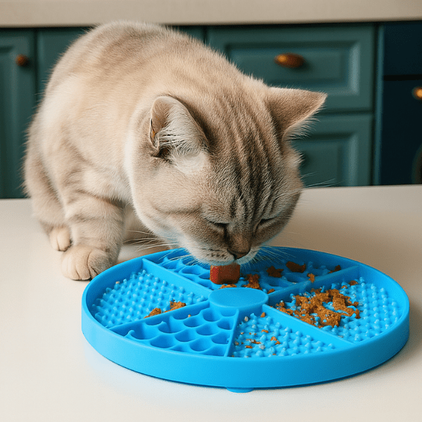 Chaton mangeant patée sur une gamelle anti glouton chat Base AntiCroc™