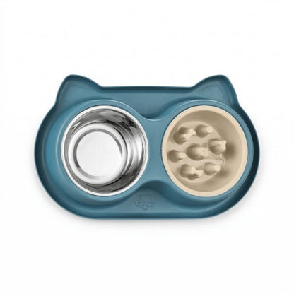 Gamelles anti glouton chat double avec bol inox et reliefs labyrinthe