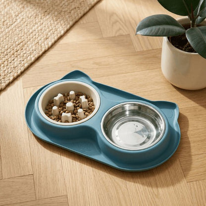 Gamelles anti glouton chat design oreilles avec double bol pour alimentation lente