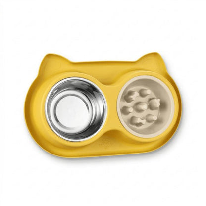 Gamelles anti glouton chat double jaune pour digestion lente et anti régurgitations