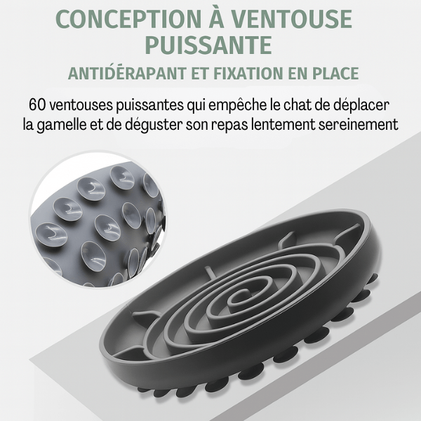 Gamelles anti glouton chat Spiral Bowl™ grises – pack ventouses incluses