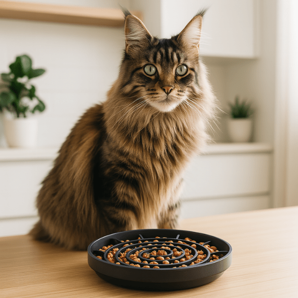 Maine coon avec gamelles anti glouton chat Spiral Bowl™ noire spirale texturée