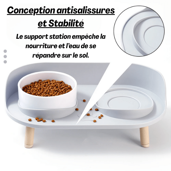 Gamelles chat surélevées tapis intégré pour repas et sol propre - Duo Station™