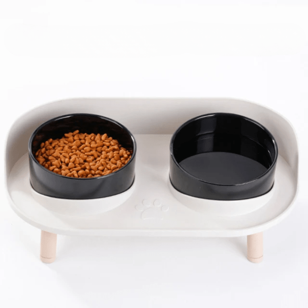 Gamelles chat céramique double bol noir surélevé tapis antisalissures blanc - Duo Station™