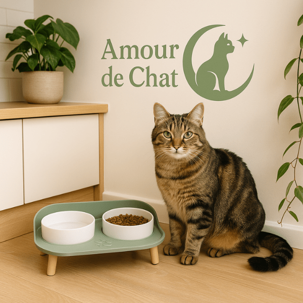 Gamelles chat double ceramique surélevées pratiques eau et croquettes - Duo Station™