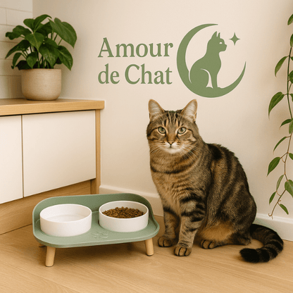 Gamelles chat double ceramique surélevées pratiques eau et croquettes - Duo Station™