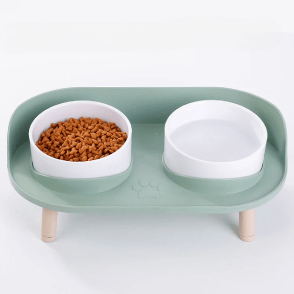 Gamelles chat céramique double bol blanc surélevé tapis vert antisalissures - Duo Station™