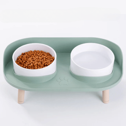 Gamelles chat céramique double bol blanc surélevé tapis vert antisalissures - Duo Station™