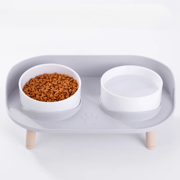 Gamelles chat céramique double bol blanc surélevé tapis gris antisalissures - Duo Station™