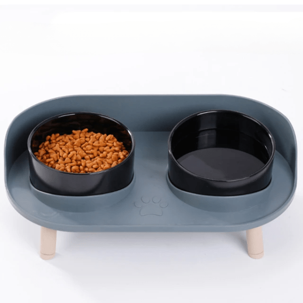 Gamelles chat céramique double bol noir surélevé tapis bleu antisalissures - Duo Station™