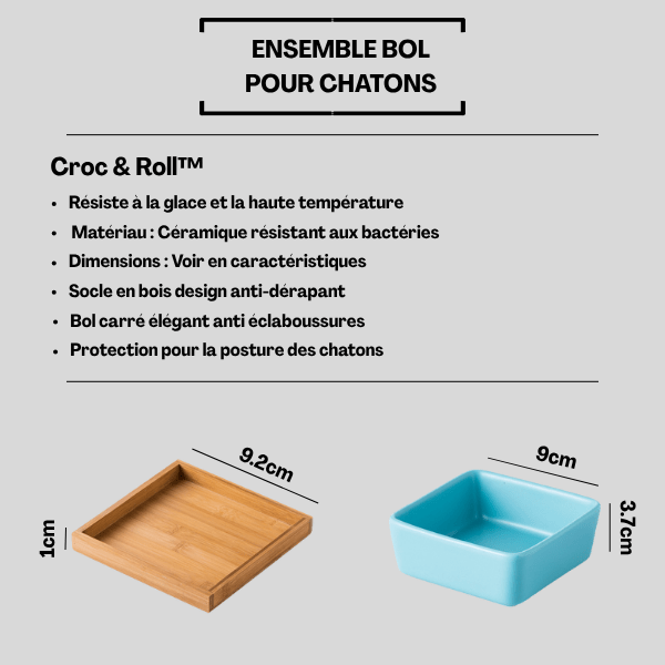 Gamelles chaton céramique résistante carré bleu avec support bois dimensions et caractéristiques - Croc&Roll™