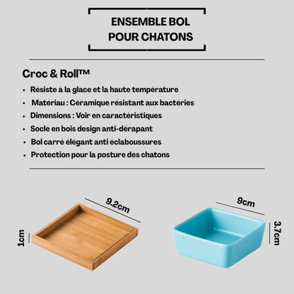Gamelles chaton céramique résistante carré bleu avec support bois dimensions et caractéristiques - Croc&Roll™