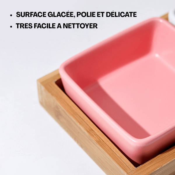 Gamelles chaton facile à nettoyer surface lisse céramique carré rose support bois - Croc&Roll™
