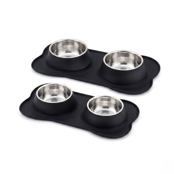 Gamelles chaton double inox et tapis silicone intégré anti salissures en deux tailles