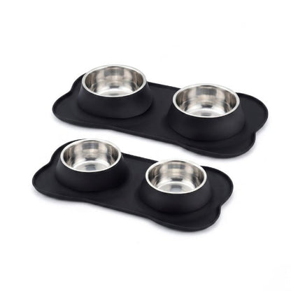 Gamelles chaton double inox et tapis silicone intégré anti salissures en deux tailles