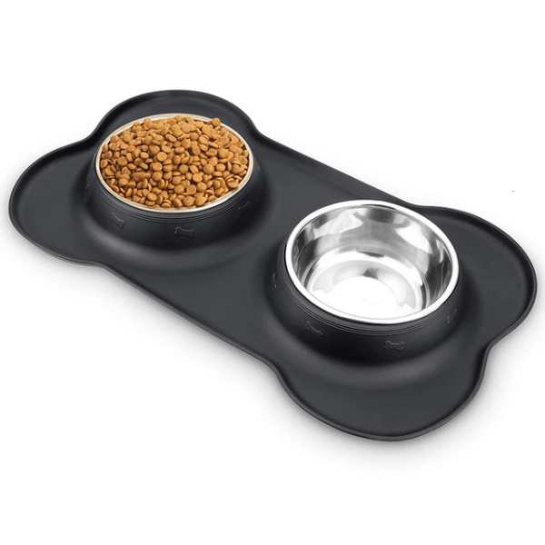 Gamelles chaton double bol inox tapis silicone noir croquettes et eau - Doudouble Bowl™