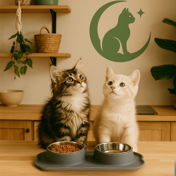 Gamelles chaton double bol inox tapis silicone gris et deux chatons repas cuisine - Doudouble Bowl™