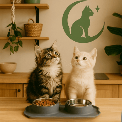 Gamelles chaton double bol inox tapis silicone gris et deux chatons repas cuisine - Doudouble Bowl™