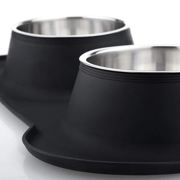 Gamelles chaton double inox avec tapis silicone antidérapant noir vue profil - Doudouble Bowl™