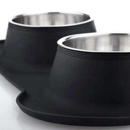 Gamelles chaton double inox avec tapis silicone antidérapant noir vue profil - Doudouble Bowl™