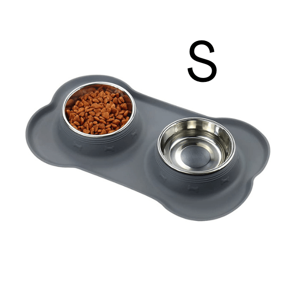 Gamelles chaton double bol inox tapis silicone gris taille S - Doudouble Bowl™
