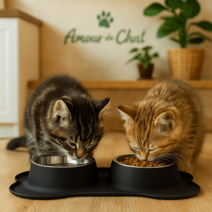 Gamelles chaton double inox tapis noir silicone intégré et repas deux chatons cuisine - Doudouble Bowl™