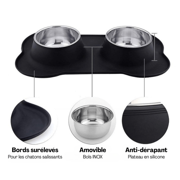 Gamelles chaton double bol inox amovible avec tapis bords surélevés et antidérapant - Doudouble Bowl™