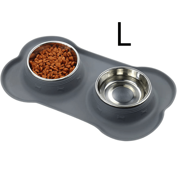 Gamelles chaton double bol inox tapis silicone gris taille L - Doudouble Bowl™