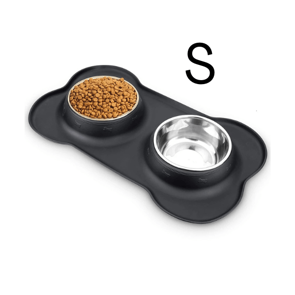 Gamelles chaton double bol inox tapis silicone noir taille S - Doudouble Bowl™