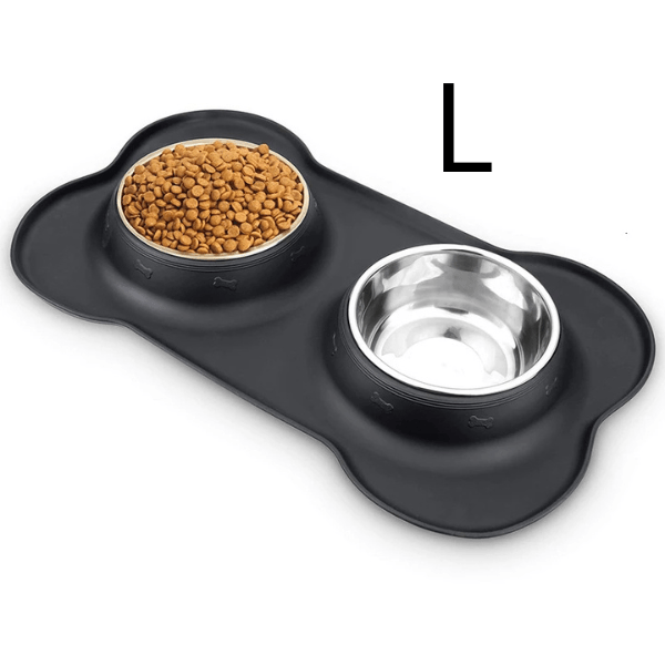 Gamelles chaton double bol inox tapis silicone noir taille L - Doudouble Bowl™