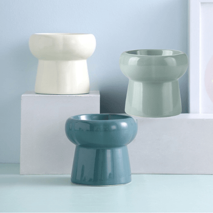 Gamelles chaton ceramique surélevée artisanale par trois blanc vert foncé et vert reseda - Mini DéliCat™