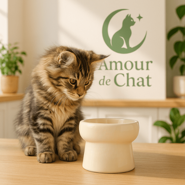Gamelles chaton ceramique surélevée blanche ronde avec chaton maine coon cuisine - Mini DéliCat™