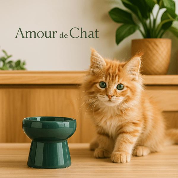 Gamelles chaton ceramique vert foncée surélevée avec chaton roux maine coon cuisine - Mini DéliCat™
