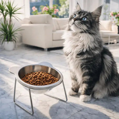 Maine coon avec gamelles pour chat surélevée inox croquettes repas salon Nutrix™