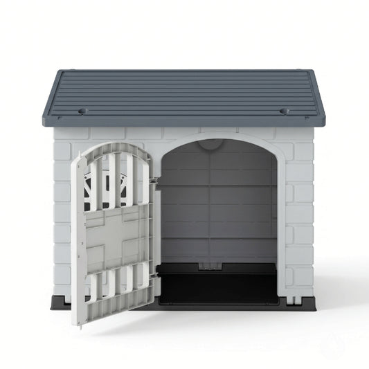 Maison à chat grise avec porte verrouillable fenêtres ventilées et plancher étanche surélevé