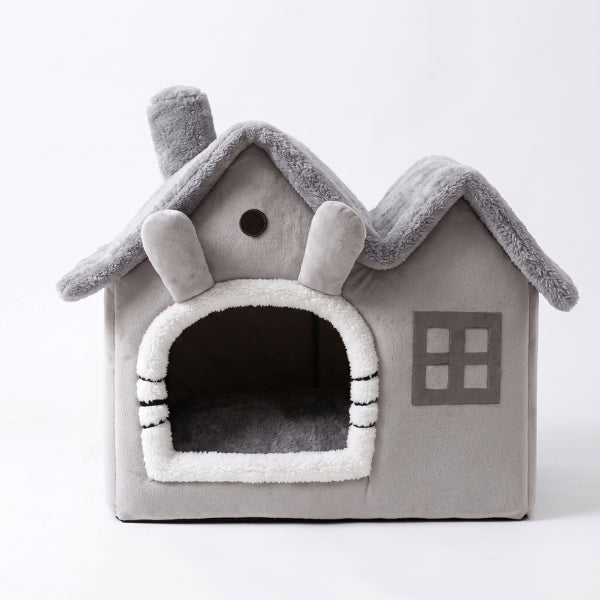 Maison chat double toits grise en velours pour limiter anxiété et stress félin