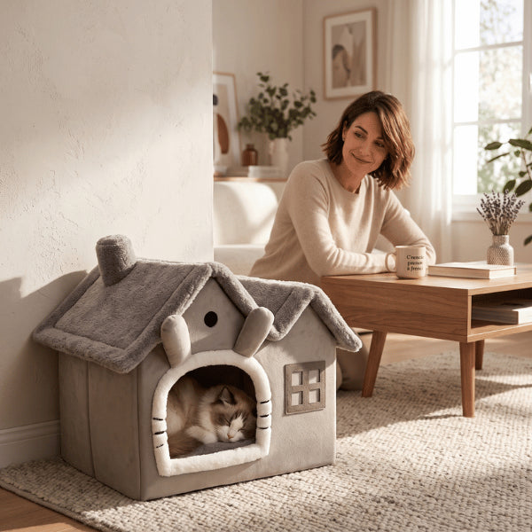 Maison chat cocooning semi fermée idéale pour réduire stress et favoriser sommeil profond