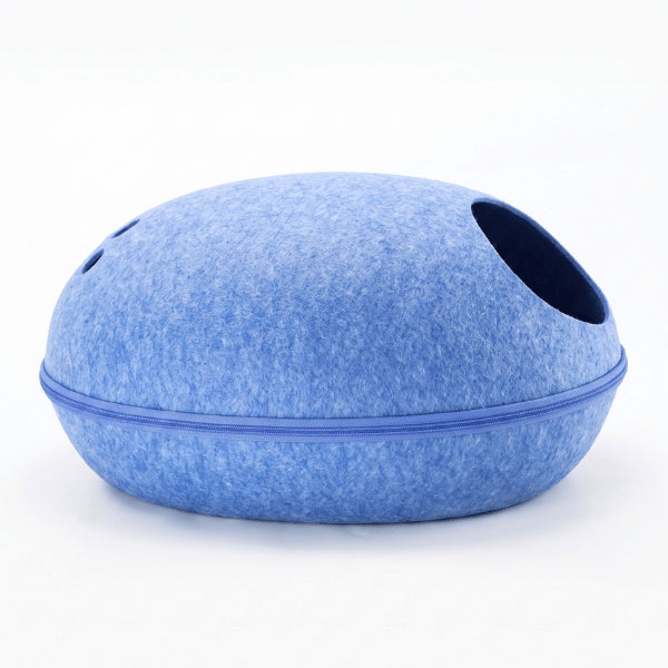 Maison chats bleue en feutre avec coque ovale protectrice et fermeture éclair