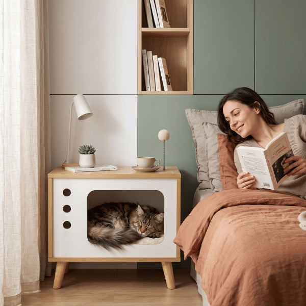 Maison en bois pour chat utilisée comme table de chevet élégante