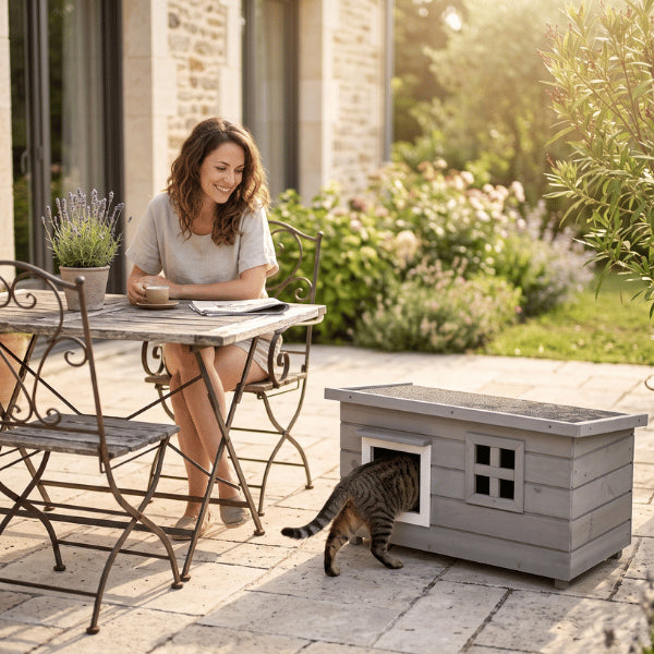 Maison pour chat extérieur sur terrasse avec accès libre et refuge ombragé