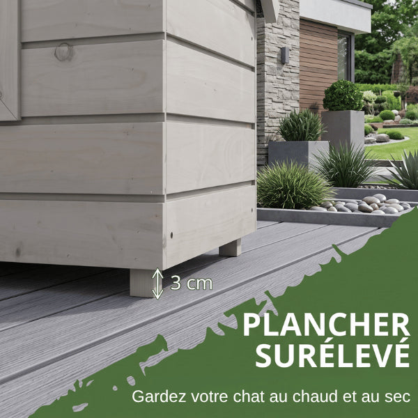 Maison pour chat extérieur avec plancher surélevé de 3 cm contre l’humidité