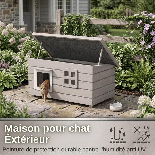 Maison pour chat extérieur en sapin traité contre humidité pluie et rayons UV