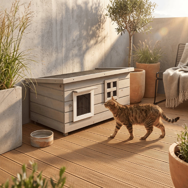 Maison pour chat extérieur installée sur terrasse pour repos abrité et confortable