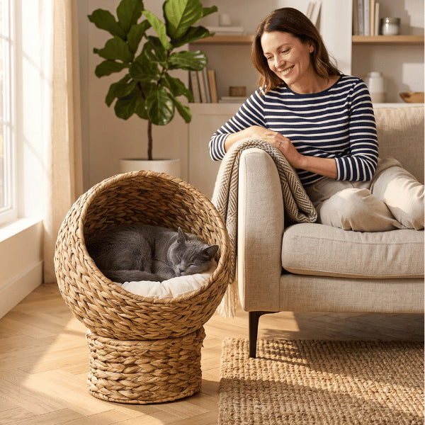 Maison pour chat intérieur accueillant un félin endormi dans son cocon relaxant surélevé