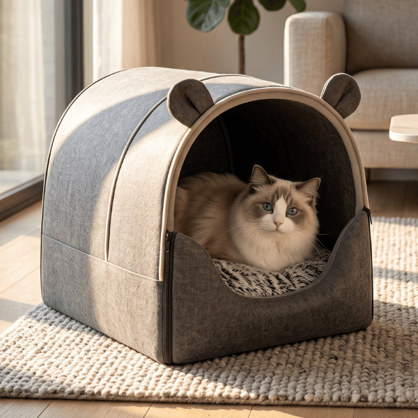 Maison pour chat interieur spacieuse accueillant confortablement un grand félin